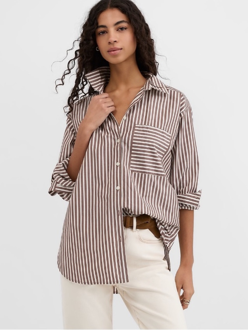 Ann Taylor LOFT Striped Poplin Button Down Relaxed Shirt Preppy Brown Large